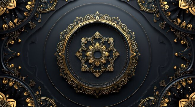 Fototapeta 3d wallpaper for ceiling with black and golden mandala decoration model and decorative frame background