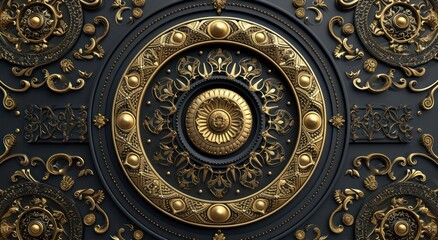 3D wallpaper design for a ceiling featuring a black and golden mandala decoration model against a decorative frame background. - obrazy, fototapety, plakaty