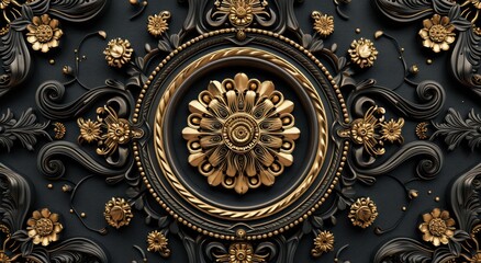 Black and golden mandala decoration model stands out against the decorative frame background in this 3D ceiling wallpaper. - obrazy, fototapety, plakaty