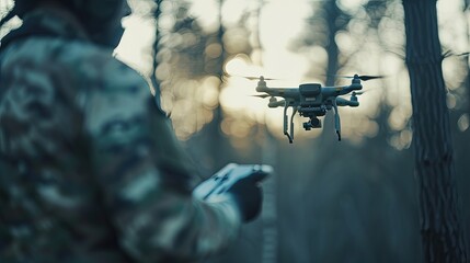 The blurred figure of operator in camouflage controls a combat drone. Drone is in focus. Blurred figure in camouflage commands the focused combat drone.
