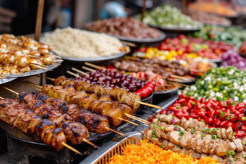 Halal street food, including grilled meats, rice, and pickled vegetables on vibrant market stalls, the energy of a bustling food market. Blurred backg