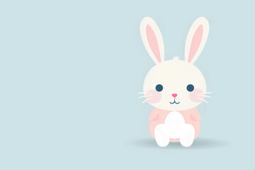 Fototapeta premium Drawing illustration funny cut easter bunny on blue background, copy space.