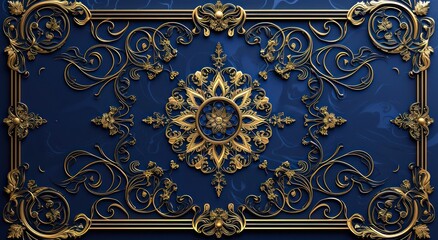3D wallpaper design for the ceiling, presenting a blue and golden mandala decoration within a decorative frame backdrop.