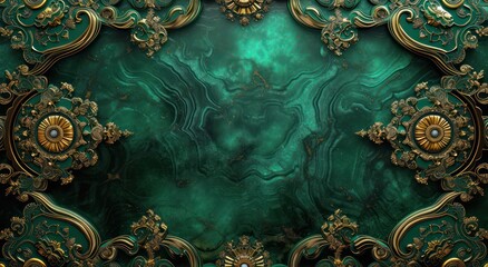 A 3D wallpaper for the ceiling showcasing a green and golden mandala decoration model set against a decorative frame background. - obrazy, fototapety, plakaty
