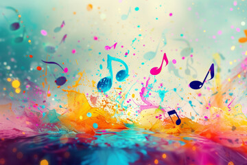 An image featuring vibrant music notes in various sizes overlaying colorful splashes of paint in a dynamic composition, with a blurred background addi - obrazy, fototapety, plakaty