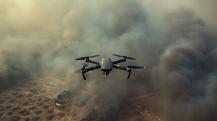 Fototapeta na wymiar A drone flies over the battlefield through the smoke of battle. In the midst of chaos, a drone surveys the battlefield, a silent observer.