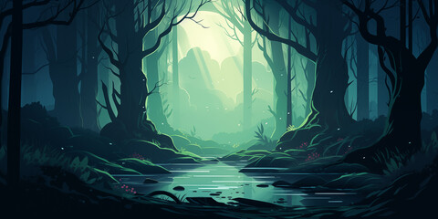 Fototapeta premium Cartoon fantasy forest. Mystical woodland with trees, bushes, river and grass at twilight, mysterious forest landscape. Game background