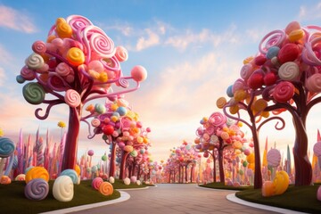 Candy Trees in a Sweet candy Park, A sweet park where trees are crafted from colorful candies - obrazy, fototapety, plakaty