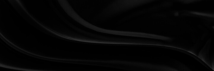 Black gray satin dark fabric texture luxurious shiny that is abstract silk cloth panorama background with patterns soft waves blur beautiful.