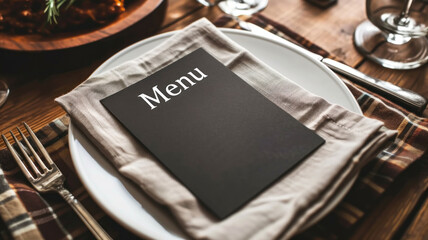 A black blank menu lies on a plate on a set wooden table, mockup