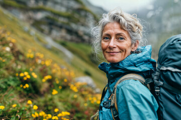 Mature Woman Hiking in Mountains. Generative AI