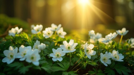 Spring forest landscape with beautiful white anemone flowers with sun rays in the background. Close up