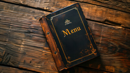 A very old menu lies on an old wooden table