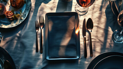 An elegantly set table with a black plate and a black napkin - Powered by Adobe