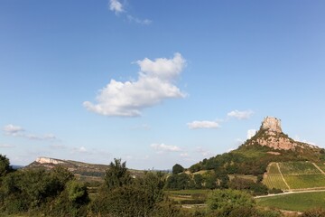 View of rocks of Solutre and Vergisson, with vineyards, Burgundy, France