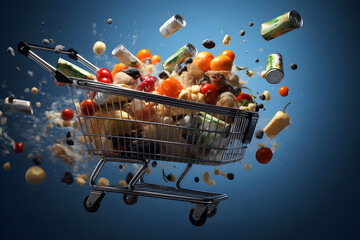 grocery cart with fruits, vegetables and other products from the supermarket flying to the sides on a dark background. food industry