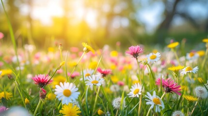 Field with colorful spring flowers and sunset in blurred background with copy space for text
