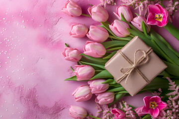 A photo gift box with pink tulips and flowers on a pink background, perfect for celebrating special occasions or adding a touch of elegance to any space.