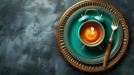 An imaginative setting featuring a coffee cup with a latte art heart resembling an alarm clock, placed on an ornate vintage plate.