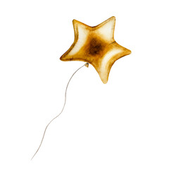 Watercolor golden foil star balloon on a strings. Hand drawn birthday and party decoration isolated...