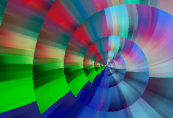 Kolista spirala z chropowatą geometryczną teksturą złożoną z małych kwadratów, w niebiesko, czerwono, zielonej kolorystyce - abstrakcyjne tło - obrazy, fototapety, plakaty