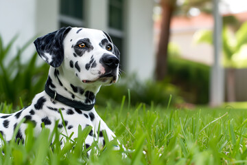 dalmatian puppy dog laying at the porch in the tall grass. pet ad. welcome home