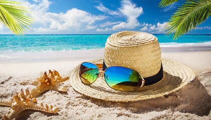straw hat and sunglasses on beach