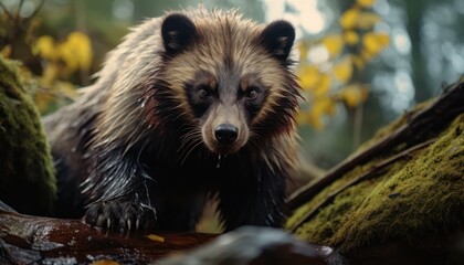 Close Up of a Wolverine in a Forest