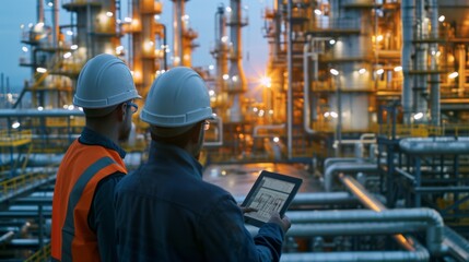 Fototapeta premium Male worker inspection at steel long pipes and pipe elbow in station oil factory during refinery valve of visual check record pipeline tank oil and gas industry