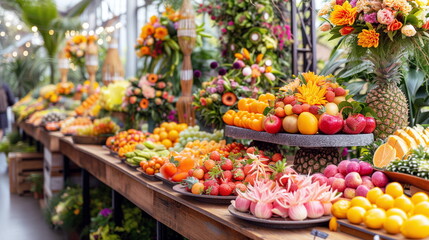 Fototapeta na wymiar A colorful and healthy buffet spread featuring a rich assortment of fresh fruits, beautifully arranged to entice guests.