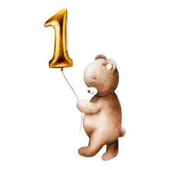 Watercolor cute cartoon teddy bear with golden foil balloon number 1 on a string. Hand drawn baby illustration isolated on white background. Lovely toy for baby and kids new born celebration, designe