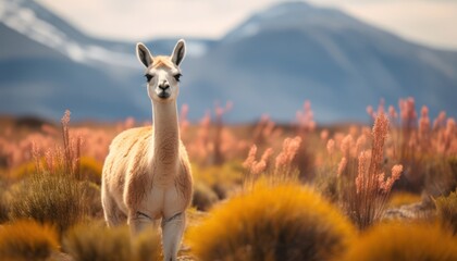 Obraz premium Vicuna Llama Standing in Field With Mountains in Background