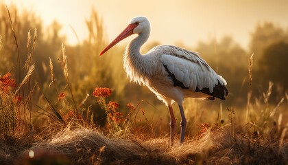 Large White Stork Bird Standing in a Field - obrazy, fototapety, plakaty