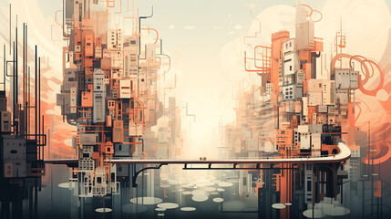 A surreal cityscape made of  shapes and lines,