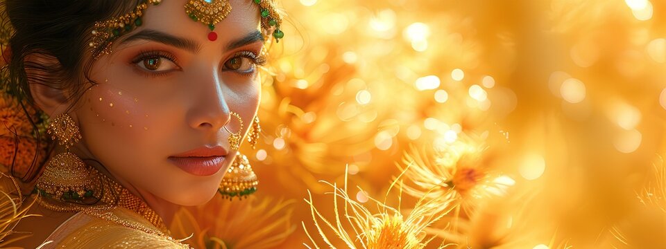 Beautiful Indian bride model on neem flowers background. Hindu culture and wedding concept. For Ugadi, Gudi Padwa Hindu New Year celebration. Close-up fashion portrait for banner with copy space