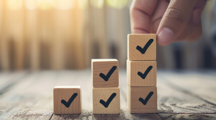 Checklist concept, Check mark on ladder stack wooden blocks, Survey and assessment, Task list, Quality Control, Goals achievement and business success.