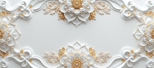 Ceiling 3D wallpaper adorned with a white and golden mandala decoration model set against a decorative frame backdrop.
