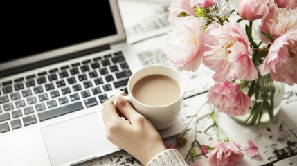 A woman holding a cup of coffee next to a laptop