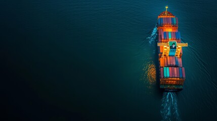 Top view container cargo ship at night sea, global import export logistics transportation business industry trade overseas worldwide. Generative Ai - obrazy, fototapety, plakaty