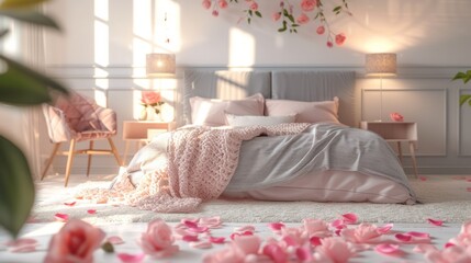A bedroom with a bed covered in pink flowers