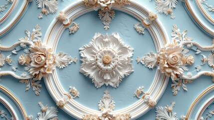 Obraz premium Ceiling 3D wallpaper adorned with a white and golden mandala decoration model set against a decorative frame backdrop. 