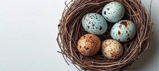 Obraz premium Colorful easter eggs in nest on white background, top view mockup for spring celebration