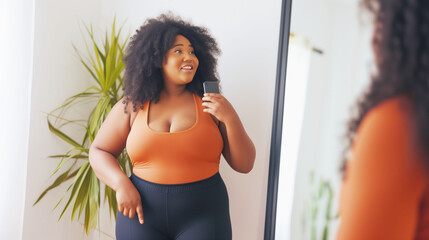 Plus-size woman in orange top and black leggings smiles while holding a phone, a picture of self-love and body positivity in a bright room - obrazy, fototapety, plakaty