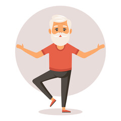 Happy old grandfather goes in for sports, yoga, walks. Elderly people exercising. Flat illustration in cartoon style, vector