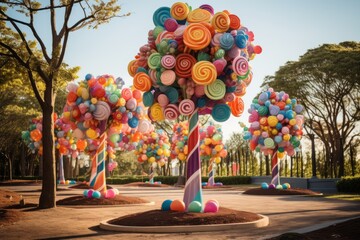 A sweet park comes alive with the presence of candy trees