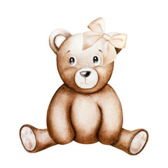 Watercolor cute cartoon teddy bear with pastel ribbon bow. Hand drawn baby illustration isolated on white background. Lovely toy for baby and kids new born celebration, designers, prints, baby