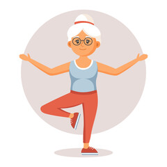 Happy old lady grandmother doing sports, yoga, walking. Elderly people exercising. Flat illustration in cartoon style, vector