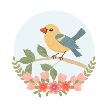Cute cartoon birds on a branch in a flower frame. Greeting card design, spring illustration. Vector