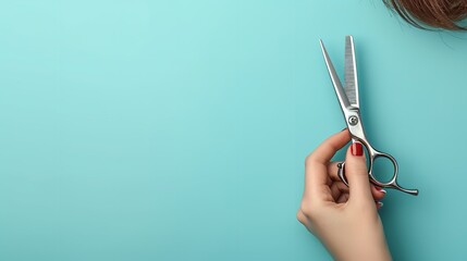 Top view of a woman hand holding scissors with a empty space, Generative AI.
