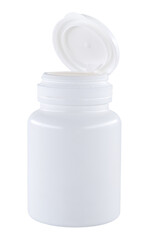 White plastic medical bottle for pills. White bottle isolate close-up. Pills. Health
